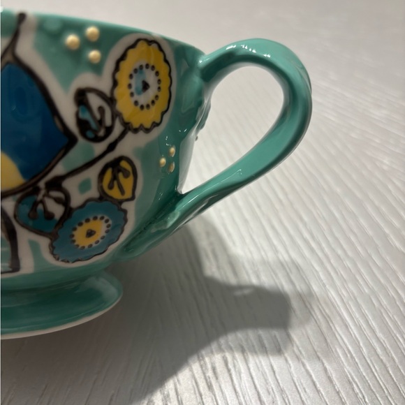 Anthropologie Elka Ayaka Aqua Floral Twisted Handle Footed Mug Pedestal Cup - Picture 5 of 10